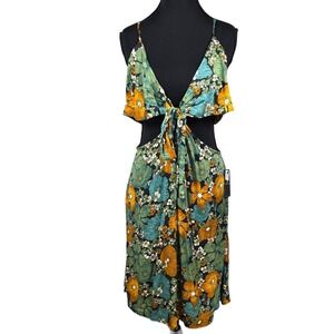 Volcom Floral Cut-Out Midi Dress Woman Large Green Gold Retro 70s Style Boho NEW